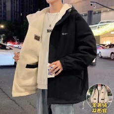 批发2026新款外套男秋冬季加绒加厚羊羔绒宽松连帽夹克双面穿冬装棉衣