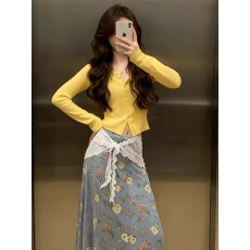 批发BONBONS EN法式轻熟风黄色圆领纽扣针织<b class='q'>开衫</b>女秋冬长袖超好看上衣