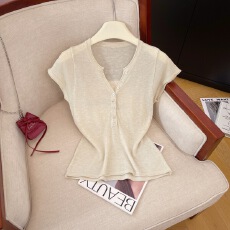 批发亨利V领针织T恤女夏轻薄修身显瘦日常简约韩系百搭短袖打底衫上衣