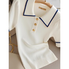 批发白色polo领设计感针织短袖t恤2026夏季巨好看特别漂亮的掐腰上衣