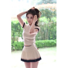 批发复古白色针织短袖t恤+半身短裙套装女<b class='q'>春</b>夏修身两件套