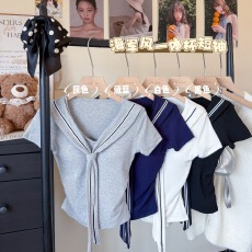 自带胸垫海军风休闲短袖2026年夏季新款学院风纯色上衣辣妹装