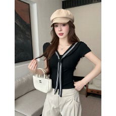 自带胸垫海军风休闲短袖2026年夏季新款学院风纯色上衣辣妹装