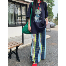 批发实拍 韩系夏装宽松印花藏青短袖T恤衫+压褶松紧腰半身裙