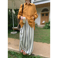 批发现<b class='q'>实拍</b> 春款橘色棉麻防晒长袖衬衫+条纹休闲<b class='q'>裤</b>套<b class='q'>装</b>