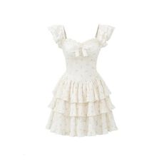 批发芭蕾风小个子碎花连衣裙女夏季高级感温柔收腰小飞袖蓬蓬蛋糕裙子