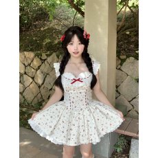 批发微胖元气少女蝴蝶结小飞袖樱桃碎花裙