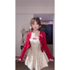 批发纯欲风蕾丝碎花背心<b class='q'>连衣裙</b>套装女春<b class='q'>夏</b>樱桃薄款开衫性感收腰短裙子