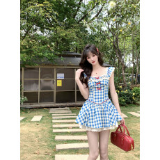 批发法式复古蓝色格子小飞袖<b class='q'>连衣裙</b>高级感小个子蓬蓬短裙女