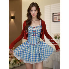 批发法式独特漂亮掐腰蓝色格子蓬蓬裙女<b class='q'>夏</b>日绝美吊带裙减龄收腰小裙子