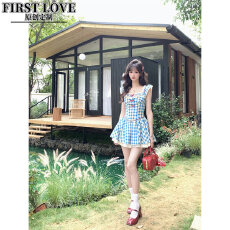 批发法式甜美森系复古蓝色格子小飞袖<b class='q'>连衣裙</b>高级感蓬蓬裙开衫套装<b class='q'>夏</b>季