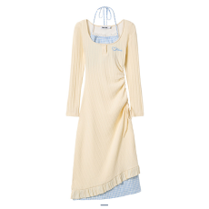 批发韩系纯欲风短袖挂脖<b class='q'>连衣裙</b>女小个子夏季假两件抽绳收腰显瘦长裙子