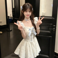 批发学院风甜美<b class='q'>可爱</b>小飞袖蝴蝶结气质<b class='q'>连衣裙</b>女夏季新款收腰蓬蓬裙