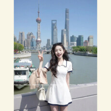 批发白色POLO领短袖连衣裙女<b class='q'>夏</b>季学院风休闲气质纯欲收腰短裙绝美裙子