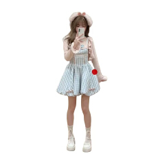批发清纯甜美风蝴蝶结格子吊带裙两件套装掐腰<b class='q'>花苞</b><b class='q'>连衣裙</b>蓬蓬裙公主裙