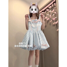 批发清纯甜美风蝴蝶结格子吊带裙两件套装掐腰<b class='q'>花苞</b><b class='q'>连衣裙</b>蓬蓬裙公主裙