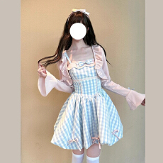 批发清纯甜美风蝴蝶结格子吊带裙两件套装掐腰<b class='q'>花苞</b><b class='q'>连衣裙</b>蓬蓬裙公主裙