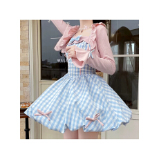 批发清纯甜美风蝴蝶结格子吊带裙两件套装掐腰<b class='q'>花苞</b><b class='q'>连衣裙</b>蓬蓬裙公主裙