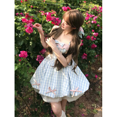 批发清纯甜美风蝴蝶结格子吊带裙两件套装掐腰<b class='q'>花苞</b><b class='q'>连衣裙</b>蓬蓬裙公主裙