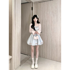 批发清纯甜美风蝴蝶结格子吊带裙两件套装掐腰<b class='q'>花苞</b><b class='q'>连衣裙</b>蓬蓬裙公主裙