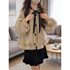 批发新款蝴蝶结风纯色波点系带外套女宽松百搭短减龄开衫显瘦上衣潮