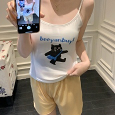批发新款带胸垫卡通吊带背心睡衣<b class='q'>女</b>夏季吊带短裤舒适套装少<b class='q'>女</b>家居服<b class='q'>女</b>