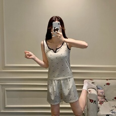 批发新款带胸垫卡通吊带背心睡衣女夏季吊带短裤舒适套装少女家居服女