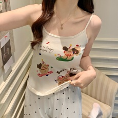 批发新款带胸垫卡通吊带背心睡衣女夏季吊带短裤舒适套装少女家居服女