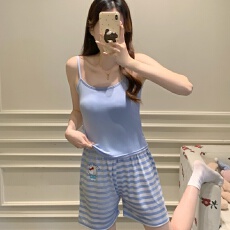 批发新款带胸垫卡通吊带背心<b class='q'>睡衣</b>女夏季吊带短裤舒适套装少女家居服女
