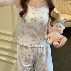 批发新款带胸垫卡通吊带背心<b class='q'>睡衣</b>女夏季吊带短裤舒适套装少女家居服女