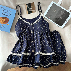 批发爆款云朵棉吊带短裤带胸垫睡衣女夏季甜美<b class='q'>可爱</b>女款家居服套装两件