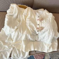 新款双长万年格带胸垫睡衣女春秋开衫甜美清新纯色蕾丝家居服套装