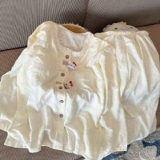 新款双长万年格带胸垫睡衣女春秋开衫甜美清新纯色蕾丝家居服套装