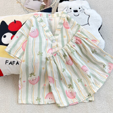 批发新款云朵棉睡衣女夏季短袖短裤两件套开衫V领甜美卡通家居<b class='q'>服</b>