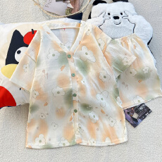 批发新款云朵棉睡衣女夏季短袖短裤两件套开衫V领甜美卡通家居<b class='q'>服</b>