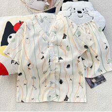 批发新款云朵棉睡衣女夏季短袖短裤两件套开衫V领甜美卡通家居<b class='q'>服</b>