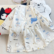 批发新款云朵棉睡衣女夏季短袖短裤两件套开衫V领甜美卡通家居<b class='q'>服</b>