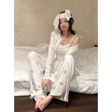 批发2026新款仿棉长袖吊带长裤<b class='q'>三件套</b><b class='q'>睡衣</b>女春夏秋季新款家居服可外穿