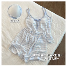 批发泡泡皱新款带胸垫纯欲风睡衣女夏季云朵棉条纹吊带短裤背心花边