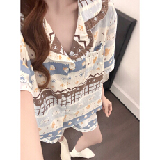 批发【阿宝浠】新款云朵棉睡衣女<b class='q'>开衫</b>翻领短袖短裤套装家居服