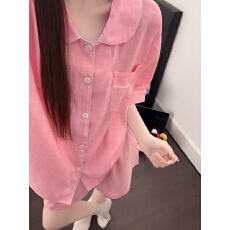 批发【阿宝浠】新款云朵棉睡衣女<b class='q'>开衫</b>翻领短袖短裤套装家居服