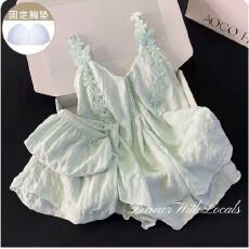 批发爆款带胸垫夏新款睡衣女云朵棉立体花朵吊带短裤甜美家居服