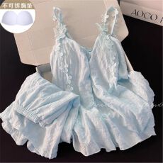 批发爆款带胸垫夏新款睡衣女云朵棉立体花朵吊带短裤甜美家居服