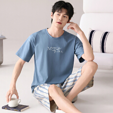 批发阿宝浠男士<b class='q'>睡衣</b><b class='q'>纯棉</b>短袖短裤纯色简约宽松大码100棉套装L-4XL