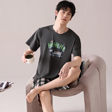 批发阿宝浠男士<b class='q'>睡衣</b><b class='q'>纯棉</b>短袖短裤纯色简约宽松大码100棉套装L-4XL