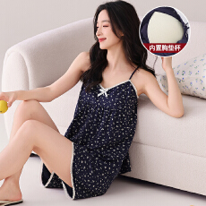 批发【阿宝浠】<b class='q'>夏</b>季新款莫代尔睡衣女带胸垫吊带短裤甜美<b class='q'>套装</b>加超爽