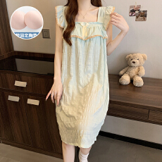 批发万年格带胸垫背心睡裙夏季薄款可爱公主花边睡衣女家居服