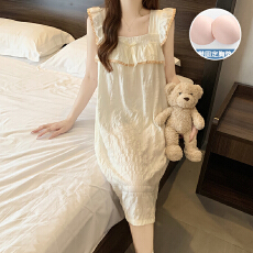 批发万年格带胸垫背心睡裙夏季薄款可爱公主花边睡衣女家居服