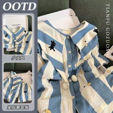 批发M-XXL蓝条纹猫咪睡衣女夏季云朵棉翻领可外穿学生家居<b class='q'>服</b>