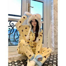 批发法兰绒开衫睡衣女冬季女款新款翻领加厚保暖大码家居服